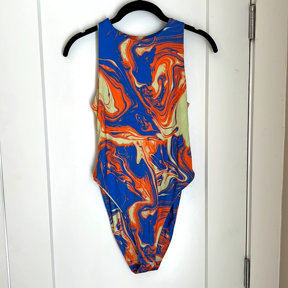 Marble orange and blue body suit
